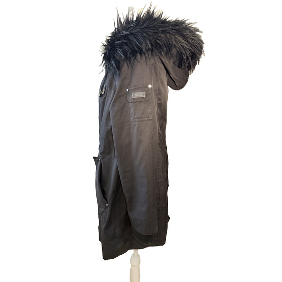 Belle Badgley Mischka Women's Medium Parka Jacket Black Leopard Faux Fur Hood - Picture 3 of 16